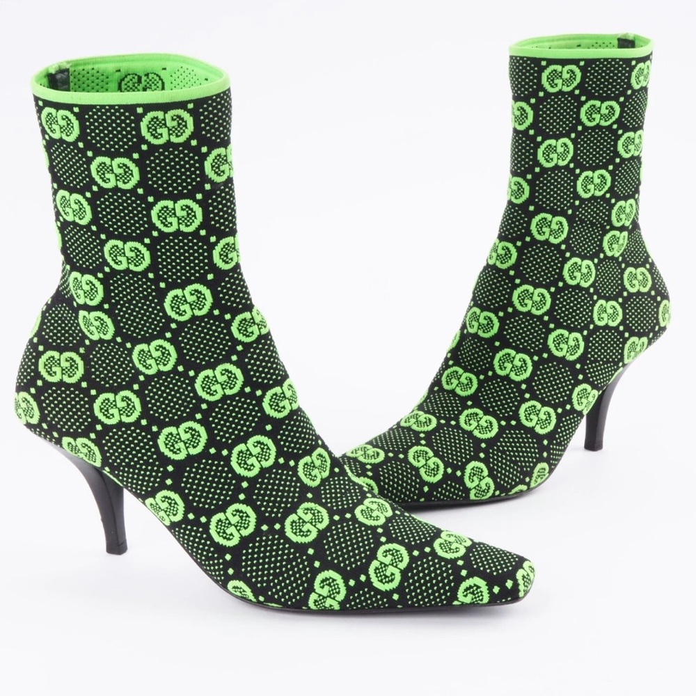 GUCCI Technical Jersey Knit GG Monogram Square G 75mm Ankle Boots green black 38